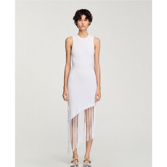 Sandro Heloise Asymmetric Fringe Midi Dress Crochet Bridal Honeymoon NWT8